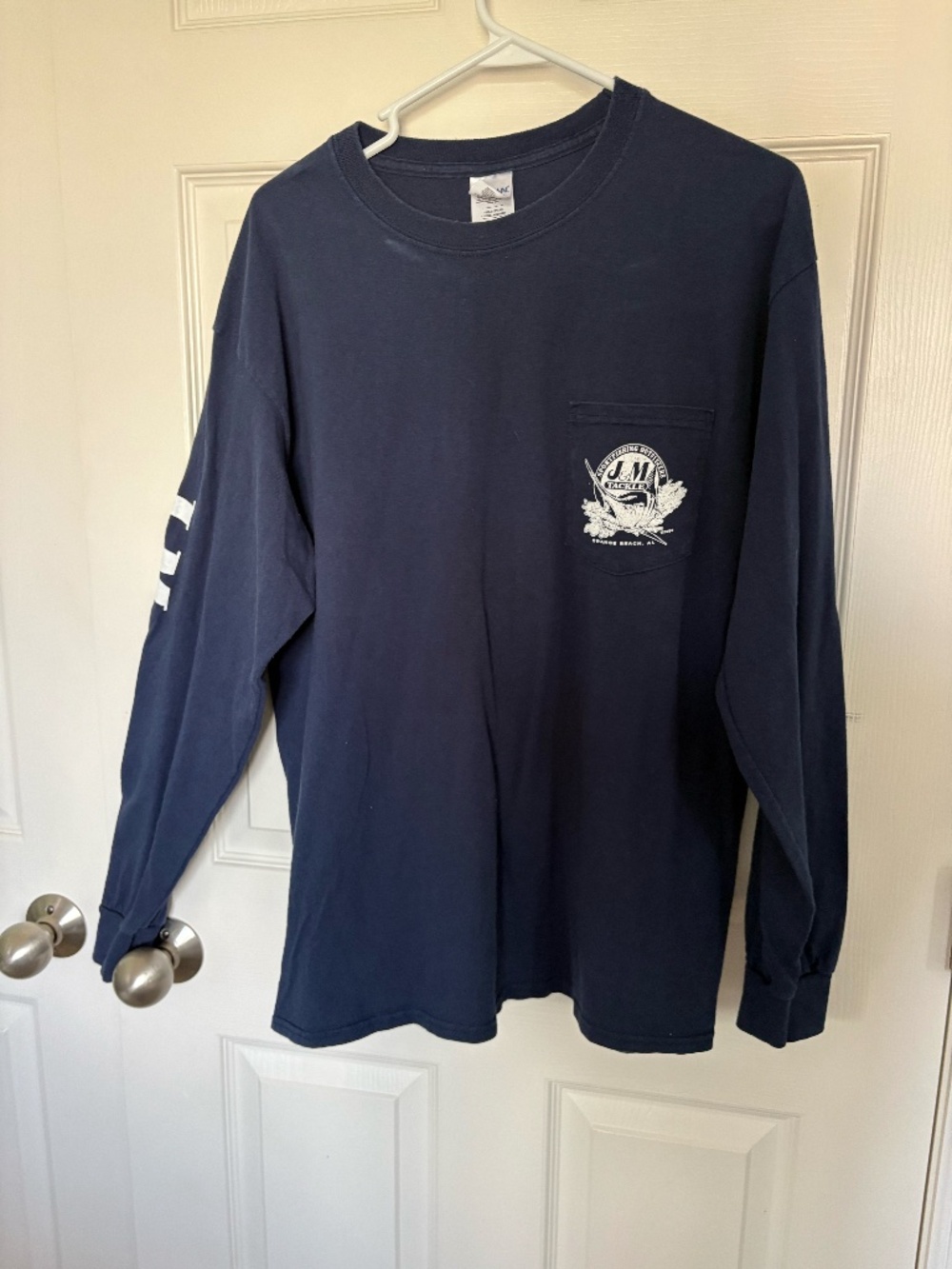 J&M Tackle Orange Beach AL Navy Long Sleeve Pocket Tee